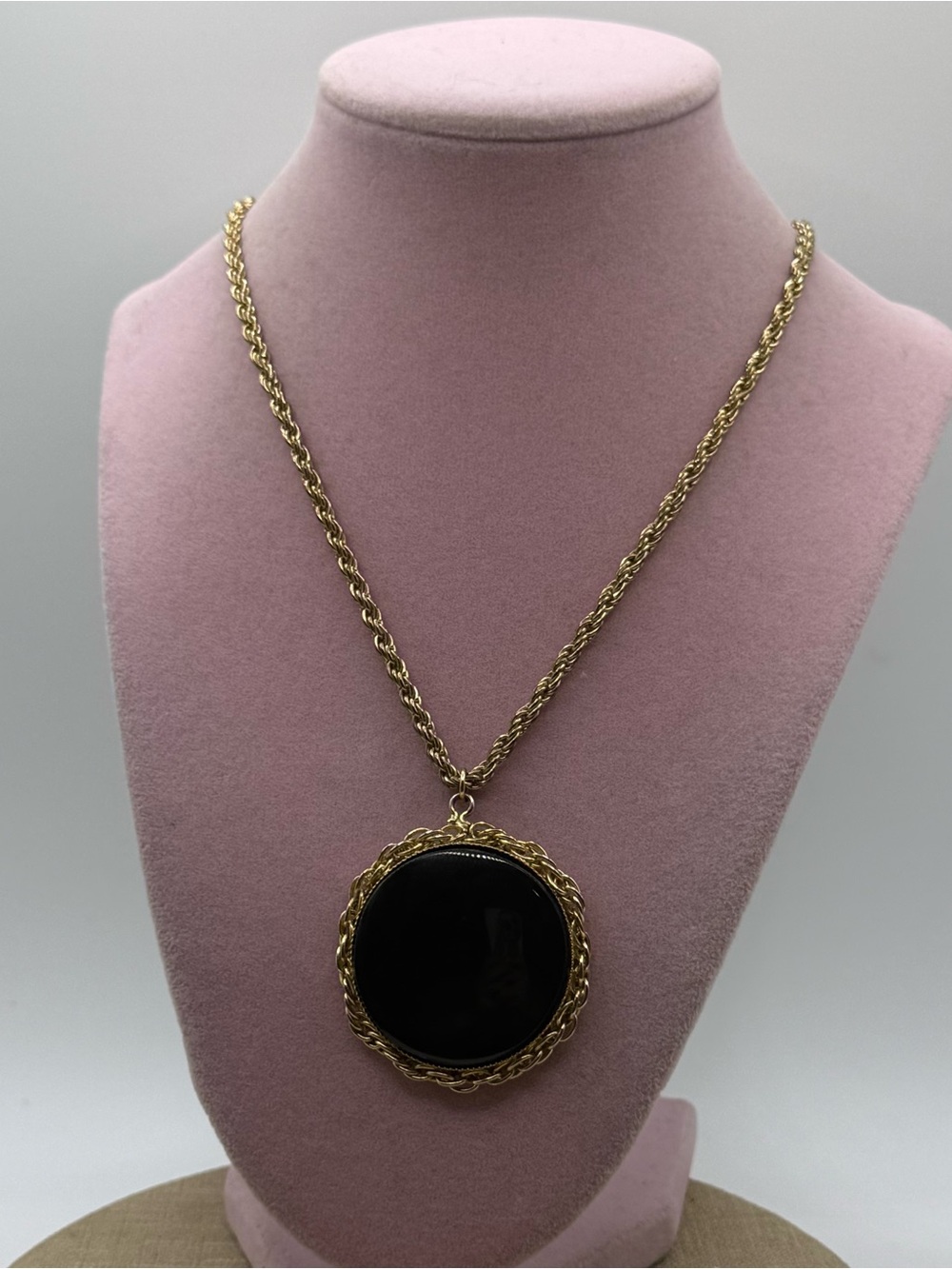 Gold-Tone Necklace with large Black glass Round Pendant